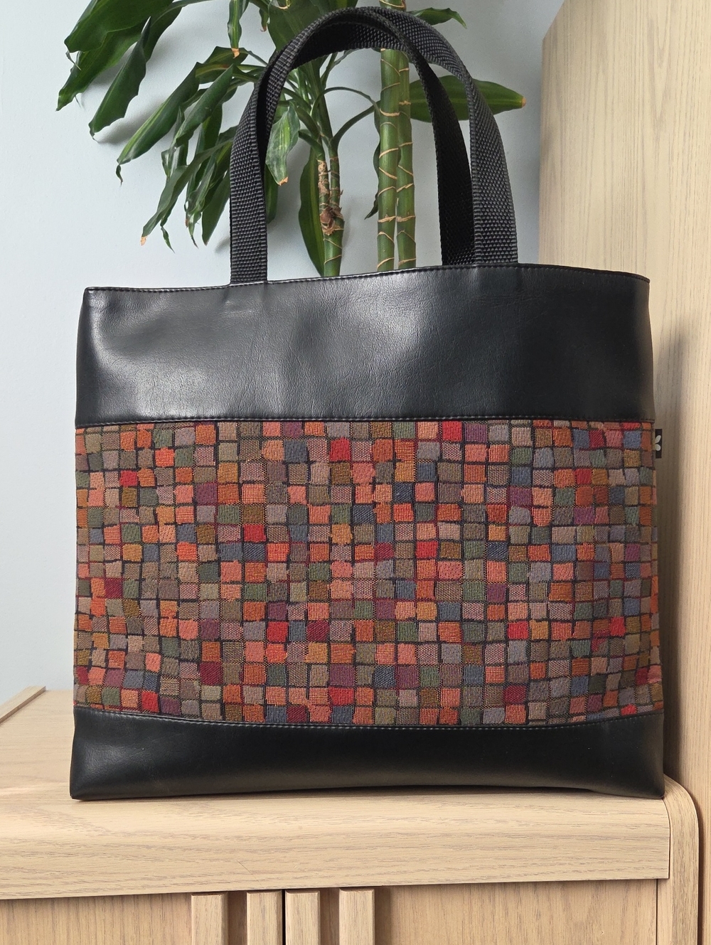 Fleurtje Black Vinyl Open Tote with Multicolor Mosaic Woven Upholstery Panel